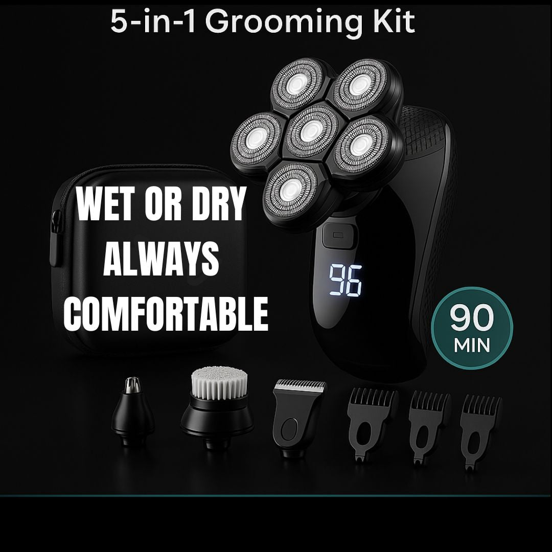 7D Flex Pro Bald Head Shaver – 5-in-1 Waterproof Grooming Kit (LED, 90-min)
