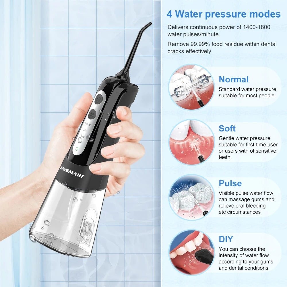 Water Flosser 300 ml Cordless Oral Irrigator, IPX7 Waterproof, 4 Modes, USB Rechargeable