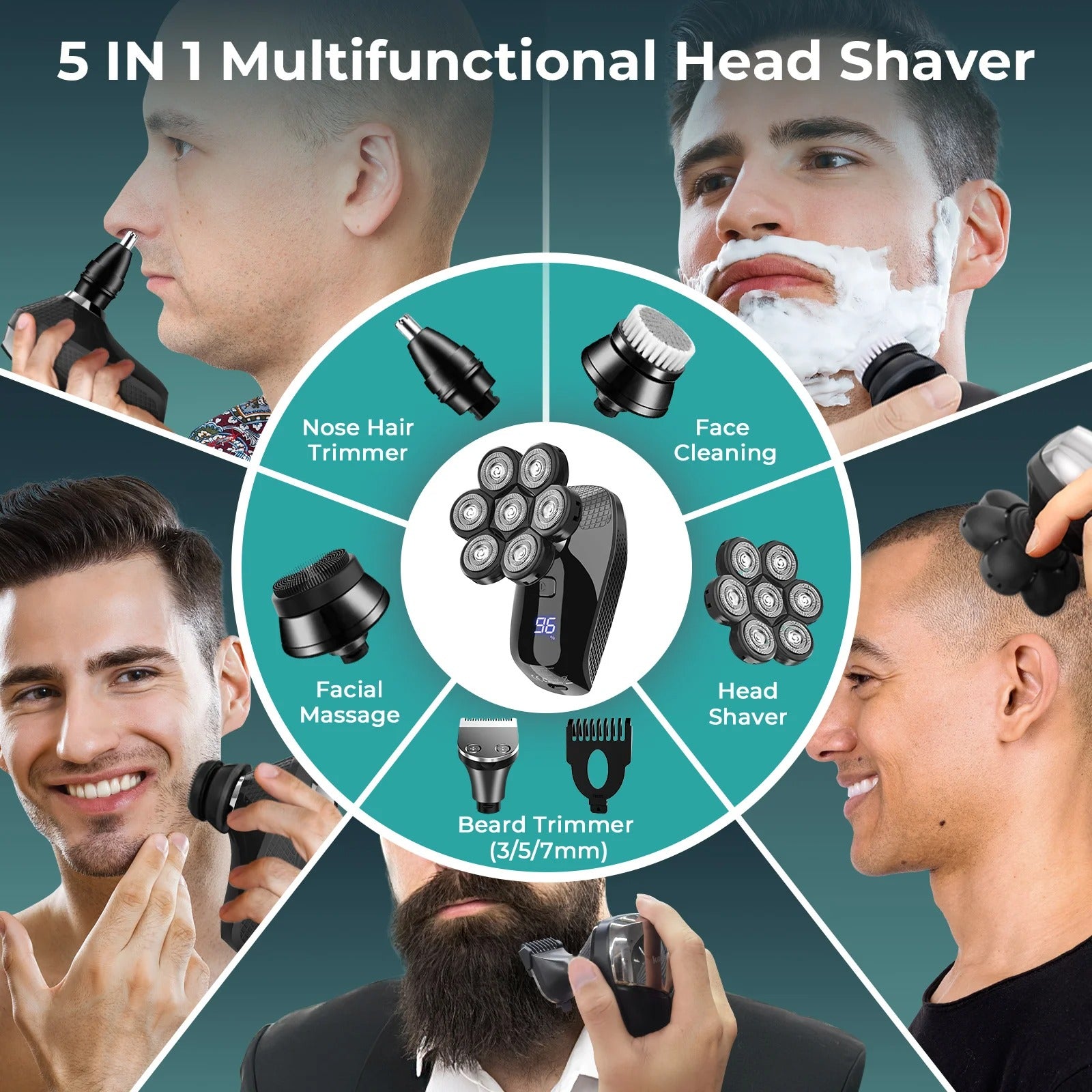 7D Flex Pro Bald Head Shaver – 5-in-1 Waterproof Grooming Kit (LED, 90-min)