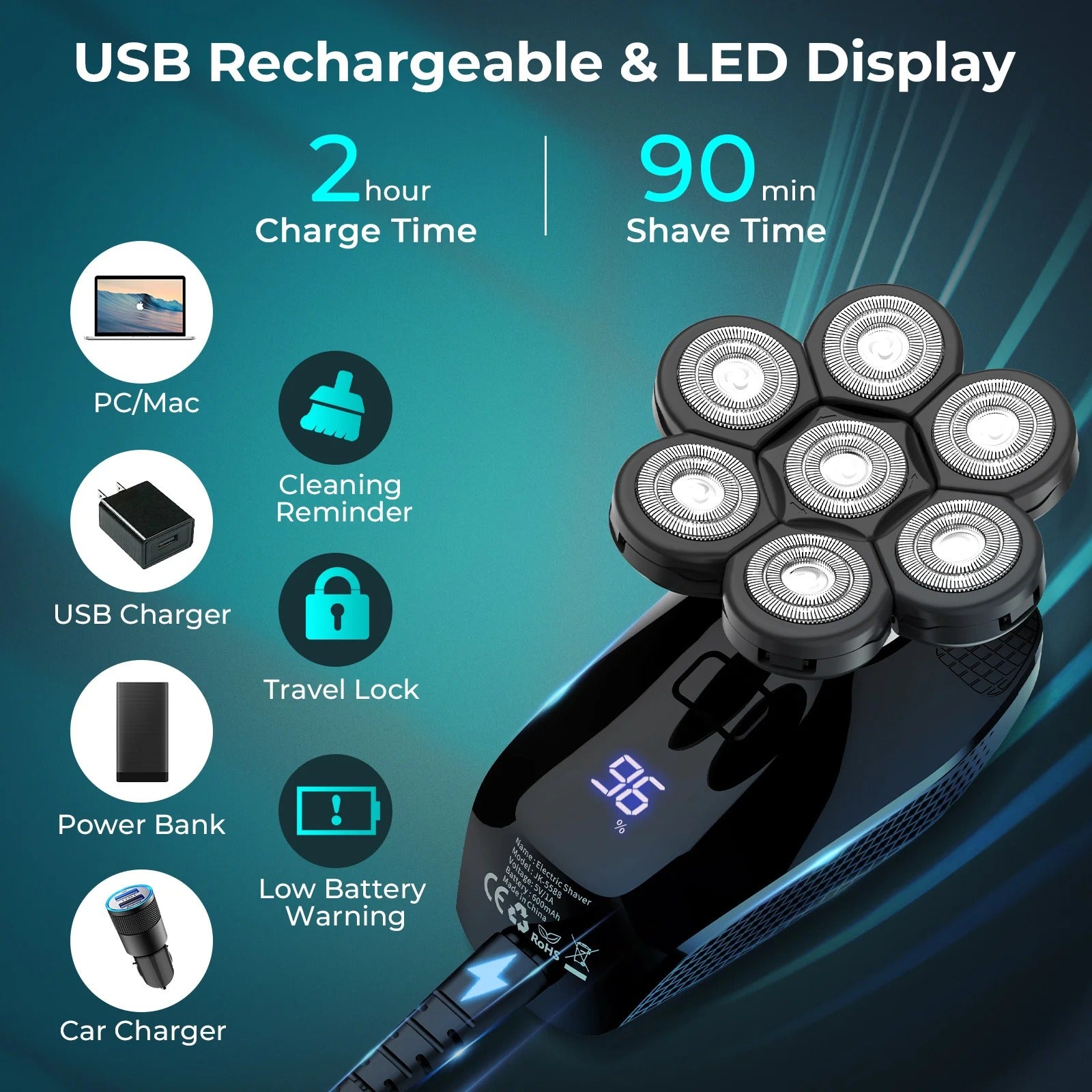7D Flex Pro Bald Head Shaver – 5-in-1 Waterproof Grooming Kit (LED, 90-min)
